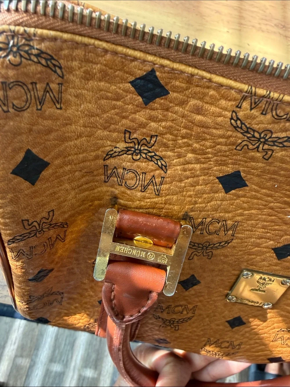 MCM Cognac Visetos Logo Satchel with Gold Hardware